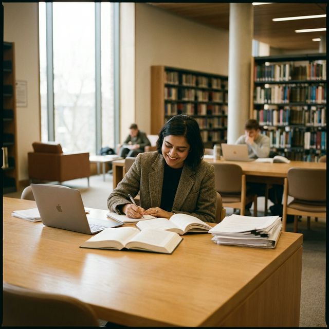 Doctoral researcher working in a modern academic library