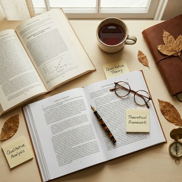 Academic research materials including journals, pen, and reading glasses